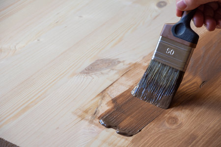 Close-up of woman's hand with brush, varnishing a pine board, horizontalの写真素材