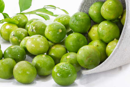 Green lemons with bowl.の写真素材