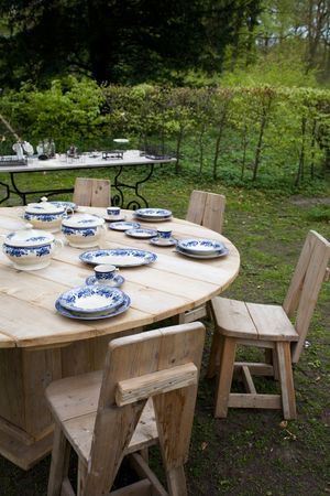 tea set in country style on wooden table の写真素材