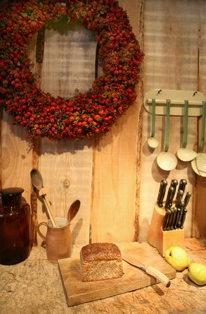 kitchen background with autumn decorationの写真素材