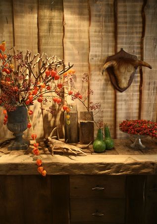 table with animal head in country kitchenの写真素材