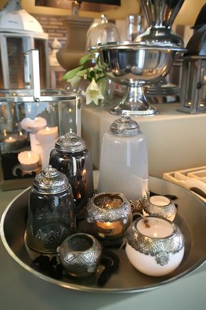 winter light for home decoration on silver trayの写真素材