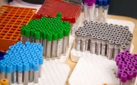 colors tubes for in laboratory blood researchの写真素材
