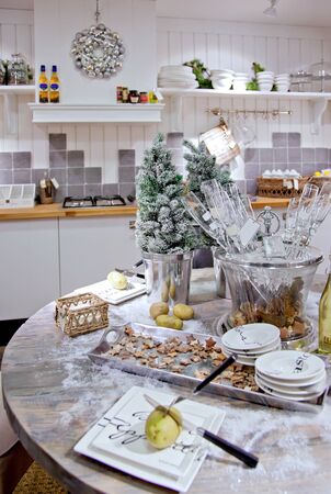 country shop with kitchen goods and christmas decoration の写真素材