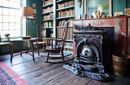 old classic house interior with fireplaceの写真素材