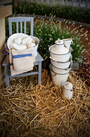 seasonal still life from different pots and villige thingsの写真素材