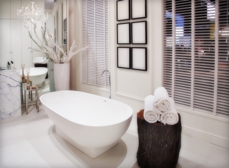 interior of empty white bathroomの写真素材