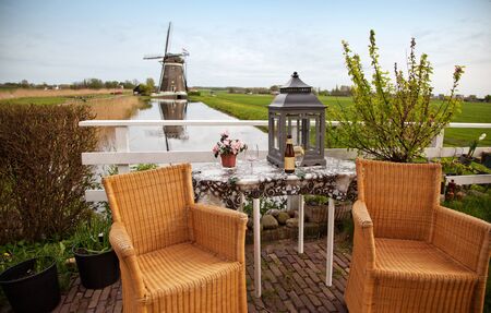 home garden with windmills outside の写真素材