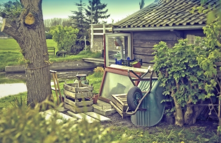 retro stylish photo of old dutch country-side  houseの写真素材