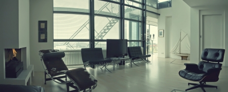 panorama of modern living room with fireplaceのeditorial素材