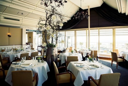 interior of restaurant with big windowの写真素材