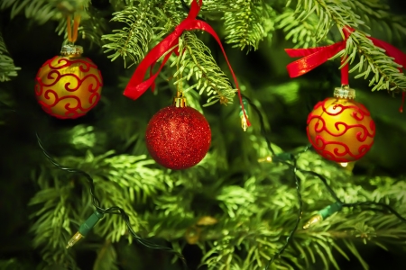 Christmas tree background with red ballsの写真素材