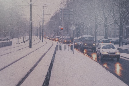 snow day and dutch city trafficの写真素材