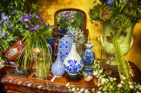 detail of shop with decorative dutch flowersの写真素材