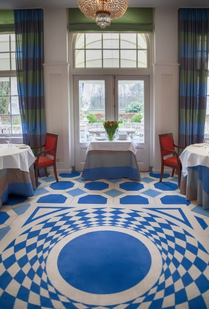 interior of classic restaurant  with flowers and terrace の写真素材