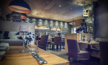 interior of cafe with stylish stone wallの写真素材
