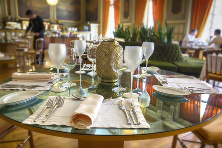 classic decorated restaurant table の写真素材