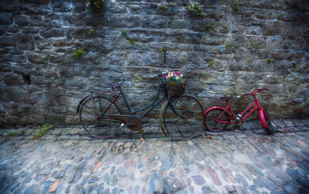 background of antique bikes with flowersの写真素材