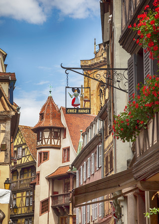 street decorative  signage of shop of Alsace, France, Colmar,  august 2014のeditorial素材