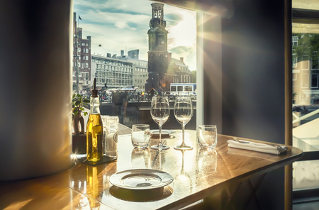 view at evening Amsterdam from luxury restaurantの写真素材