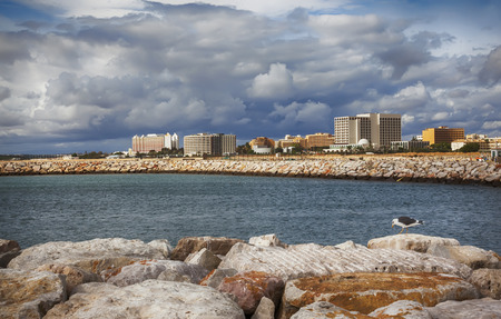 view of Villamoura ocean coast from breakwater ( Algarve, Portugal)の写真素材