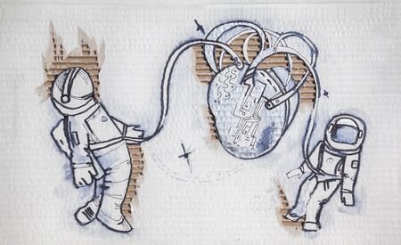 illustration on cardboard. heart to connect people