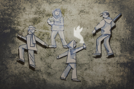 Conceptual illustration.  Cut out cardboard silhouette of people or signs on different backgroundの写真素材