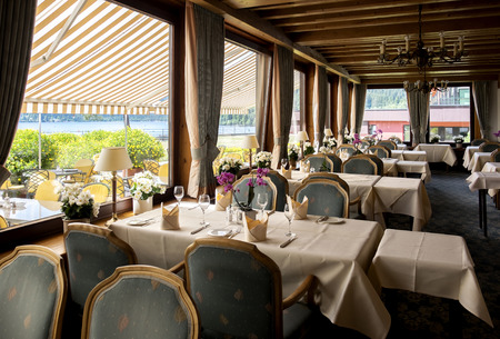 typical wooden restaurant with view at garden, Germanyの写真素材