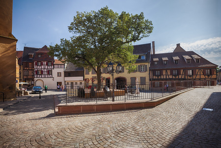 Editorial : morning in Colmar small town yard, old medieval town in Alsace region in France, 06-08-2015のeditorial素材