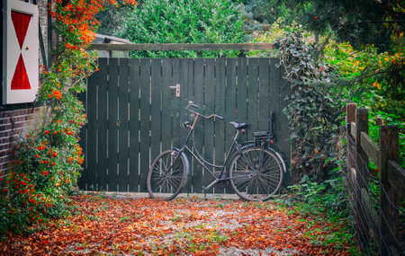 dutch autumn farm with bikeの写真素材