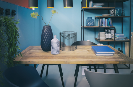 interior with lamps and dinner table in homeの写真素材