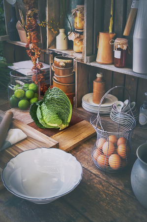 seasonal kitchen  with cabbage and autumn decorationの写真素材
