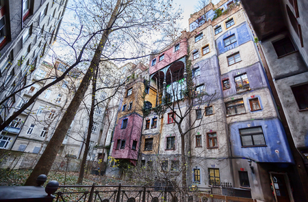 Editorial : Vienna, Austria, 23 December 2015.  famous colorful Hundertwasser house, view from yard of houseのeditorial素材