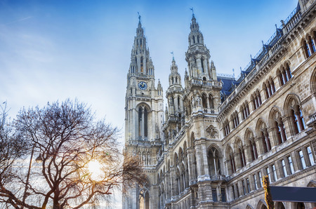 detail of Rathaus of Vienna during winter Christmas market, winter sunのeditorial素材