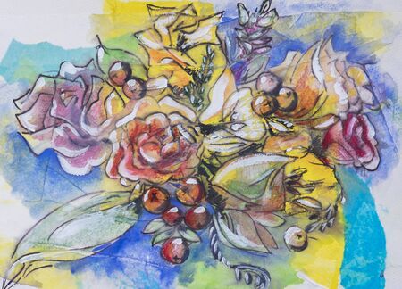spring flowers,  paper collage, ink  and oil pastelの写真素材
