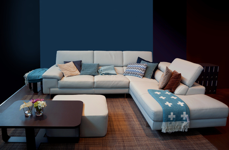 detail of  blue home interior and family couchの写真素材