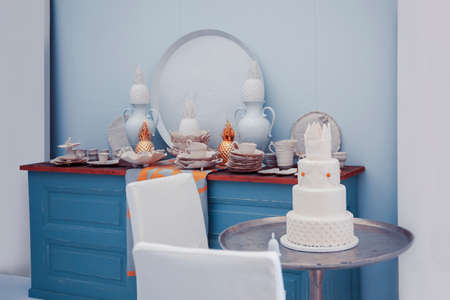 designed dishes in interior with party tartの写真素材