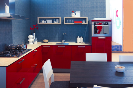 detail of home red kitchen furnitureの写真素材