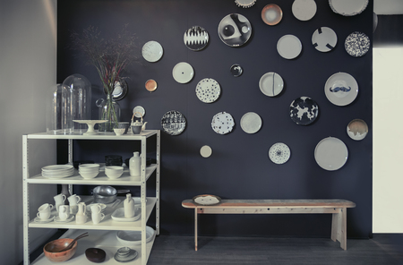 designed plates in interior with party tartの写真素材