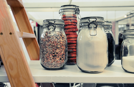 breakfast jars on kitchen shelfの写真素材
