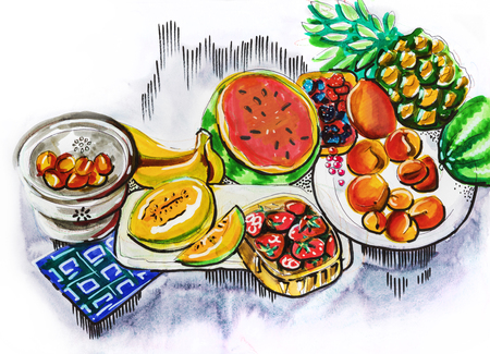 hand drawn illustration of fruit party tableの写真素材