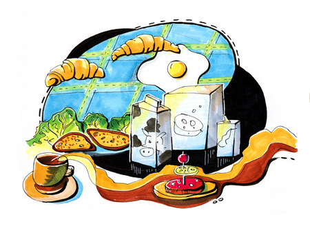 hand drawn illustration of children breakfast tableの写真素材