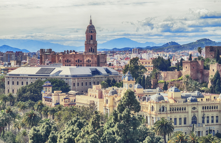 general view at Cathedral, City Hall and  Alcazaba ( Gibralfaro ) in Malaga, Spainの写真素材