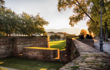 autumn evening at Medieval fortress wall in Lucca , Italyのeditorial素材