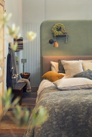 detail of bed in interior in country styleの写真素材