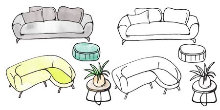 furniture isolated objects, traced sketches and digital watercolorの写真素材