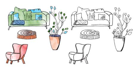 furniture isolated objects, traced sketches and digital watercolorの写真素材
