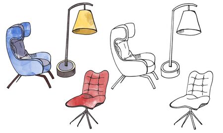 furniture isolated objects, traced sketches and digital watercolorの写真素材