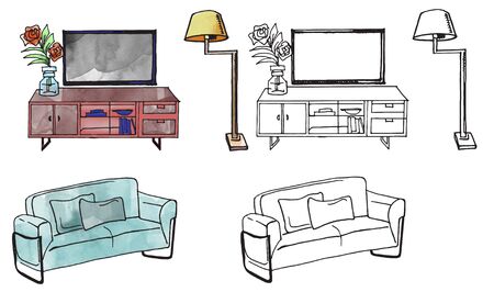 furniture isolated objects, traced sketches and digital watercolorの写真素材