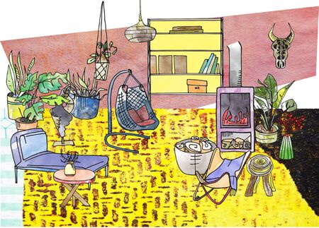 interior room with furniture by sketch watercolor objects, living roomの写真素材